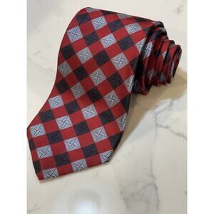 VTG XMI Hand Sewn Jacquard Silk Tie USA 60 x 4 Geometric Stars Red Black Gray